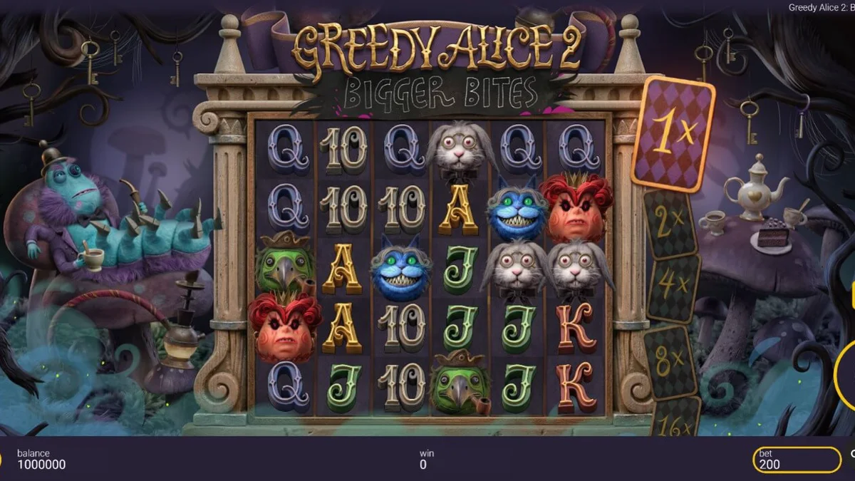 Greedy Alice 2: Bigger Bites slot game interface with dark, gothic theme and Alice character.