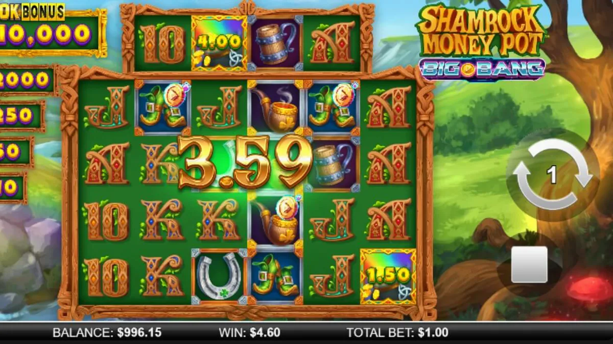 Shamrock Money Pot Big Bang স্লট গেমের একটি দৃশ্য যেখানে আইরিশ থিম এবং মহাকাশযানের সংমিশ্রণ দেখা যাচ্ছে।